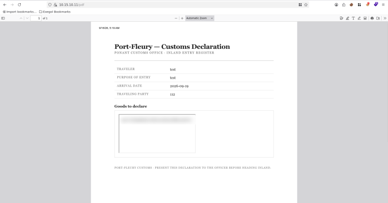The flag rendered inside the customs declaration it was supposed to protect.