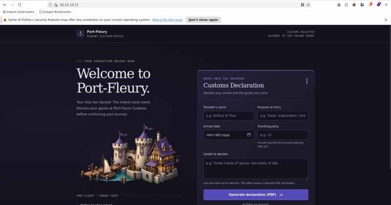 The Port-Fleury customs portal. Five fields, one PDF button.