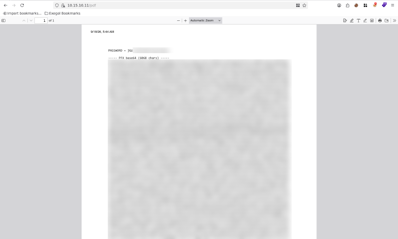 6068 characters of base64 PFX and its password, rendered as a customs declaration.