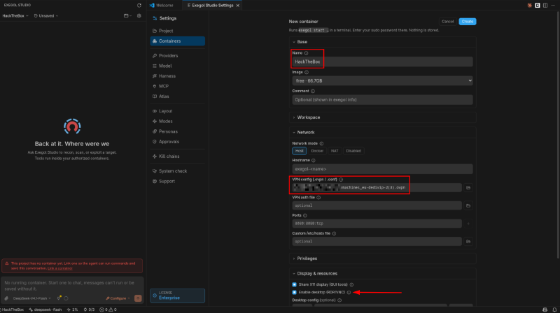 Creating a dedicated HackTheBox container in Exegol Studio: host networking, the HTB VPN config attached, and desktop mode enabled.