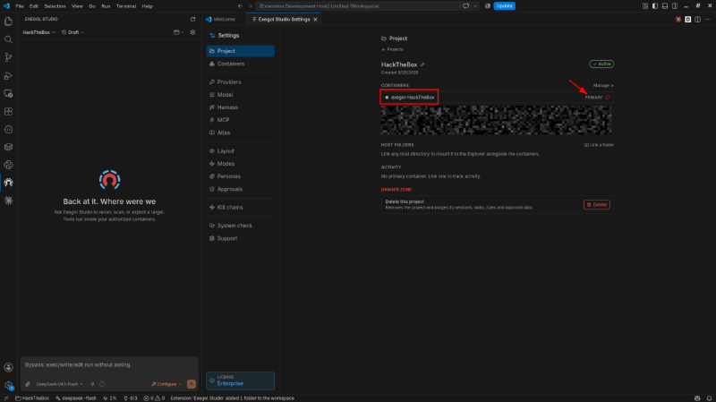 The HackTheBox container linked to the project as its primary container.