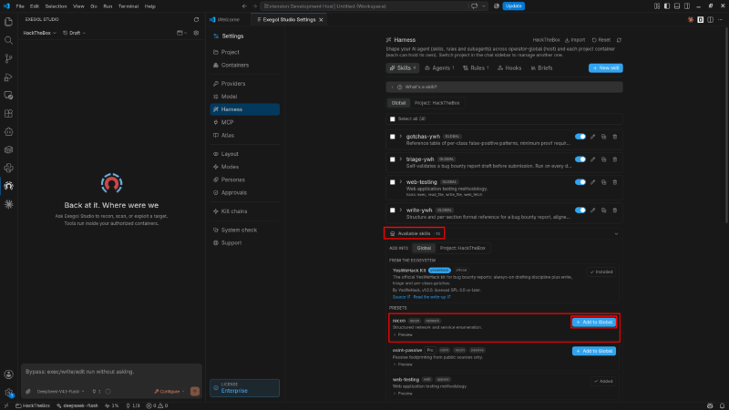 Adding the built-in recon skill from the harness marketplace to the global scope.
