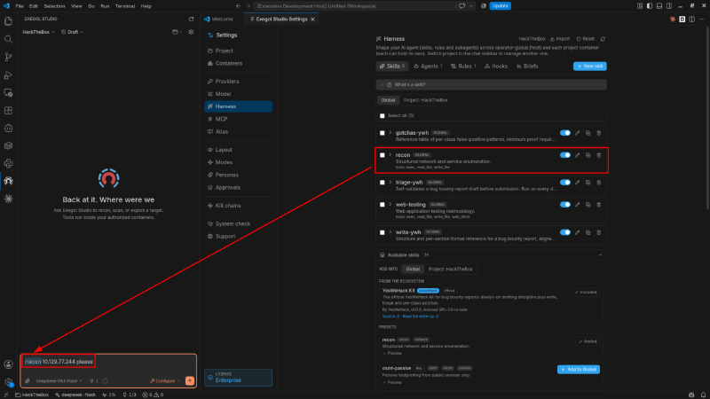 The recon skill is now installed and invocable as a /recon slash command.