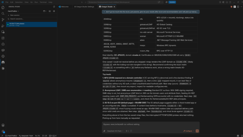 The recon recap: the full port table, host identity DC-JPQ225 / cicada.vl, and a note that the realm string needs confirming before any Kerberos work.