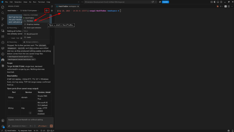Opening an interactive shell in the HackTheBox container straight from the chat toolbar.