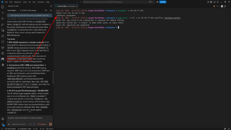 showmount reveals the /profiles export, but mount -t nfs fails with &ldquo;Operation not permitted&rdquo;.