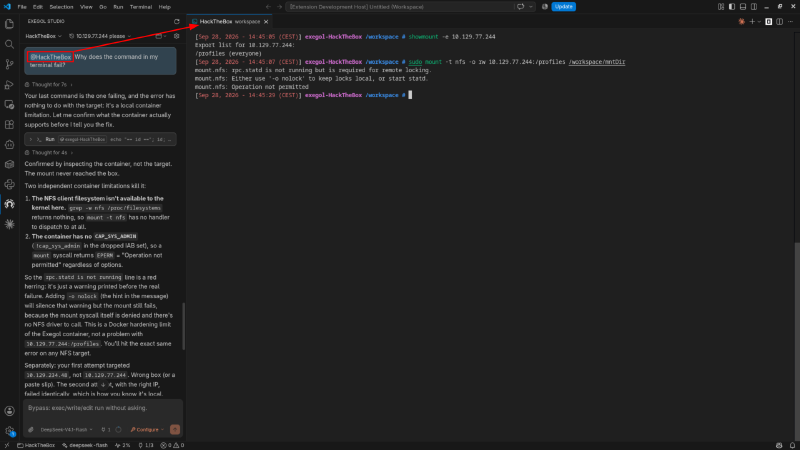 Debugging the mount failure by @-mentioning the terminal tab, so the agent reads the real error output.