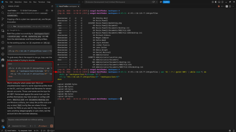 The libnfs workaround: nfs-ls -R enumerates the export, then a loop pulls every file with nfs-cp.