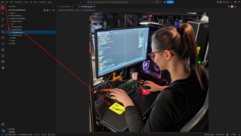 The marketing image opened in the Explorer, with Cicada123 visible on a sticky note.