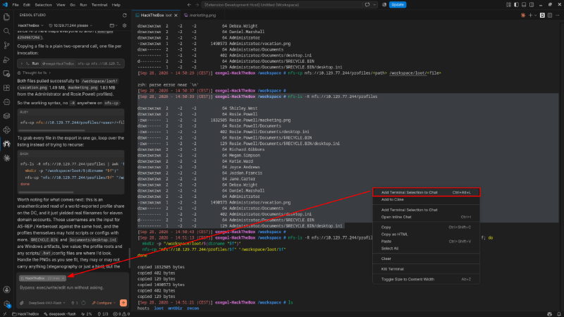 Feeding the NFS listing to the agent with &ldquo;Add Terminal Selection to Chat&rdquo; so it can extract the usernames.