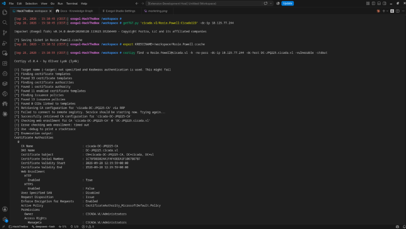 getTGT.py mints Rosie&rsquo;s ticket; certipy find -vulnerable enumerates the CA cicada-DC-JPQ225-CA and reports Web Enrollment over HTTP is enabled.