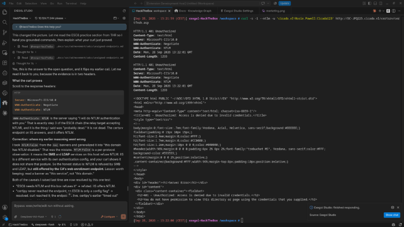 curl against /certsrv returns WWW-Authenticate: NTLM. The web enrollment endpoint offers NTLM even though SMB and LDAP refuse it.