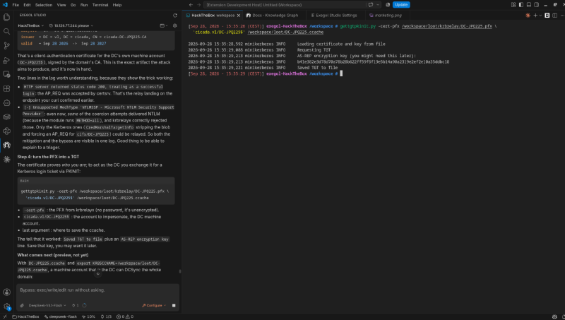 gettgtpkinit.py turns the machine PFX into a TGT for DC-JPQ225$ via PKINIT. &ldquo;Saved TGT to file&rdquo; plus the AS-REP encryption key confirm it worked.