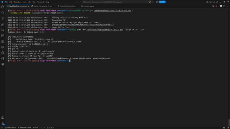 certipy auth performs UnPAC-the-hash: the same certificate yields the NT hash of the DC machine account dc-jpq225$.