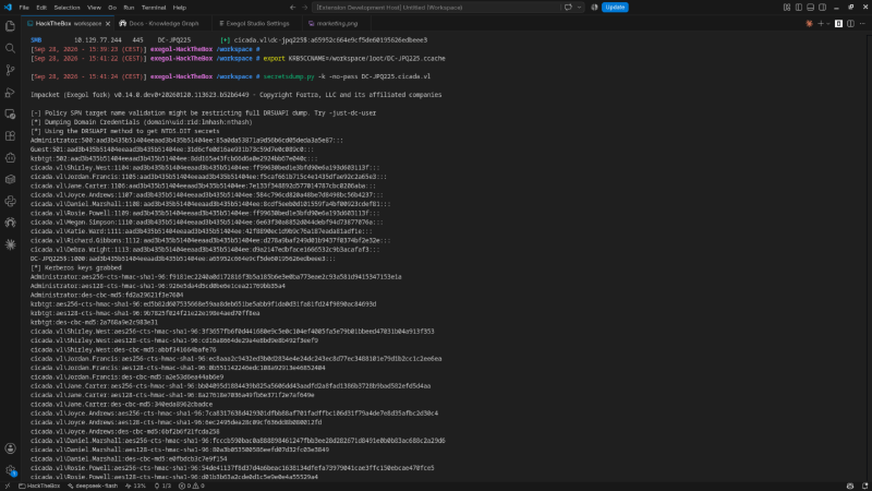 The secretsdump output containing domain account secrets, including Administrator.