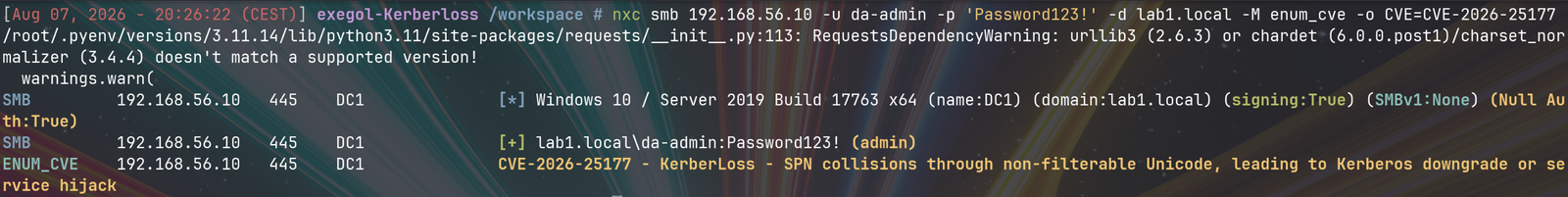 enum_cve flags the DC as below the March 2026 fix