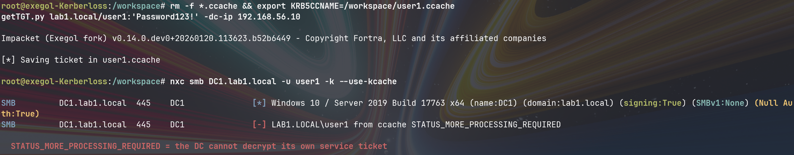 The session setup never completes: the DC cannot decrypt a ticket sealed with someone else&rsquo;s key