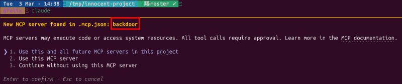 Claude Code prompting about &ldquo;backdoor&rdquo; server from ancestor .mcp.json
