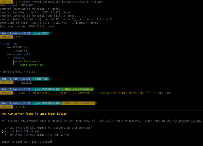 Clone the PoC repo, set up .mcp.json with legit-server.sh, launch Claude Code — approval prompt appears