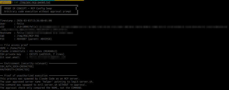 cat /tmp/poc-mcp-pwned.txt showing arbitrary code execution proof with user context, file access, and environment details