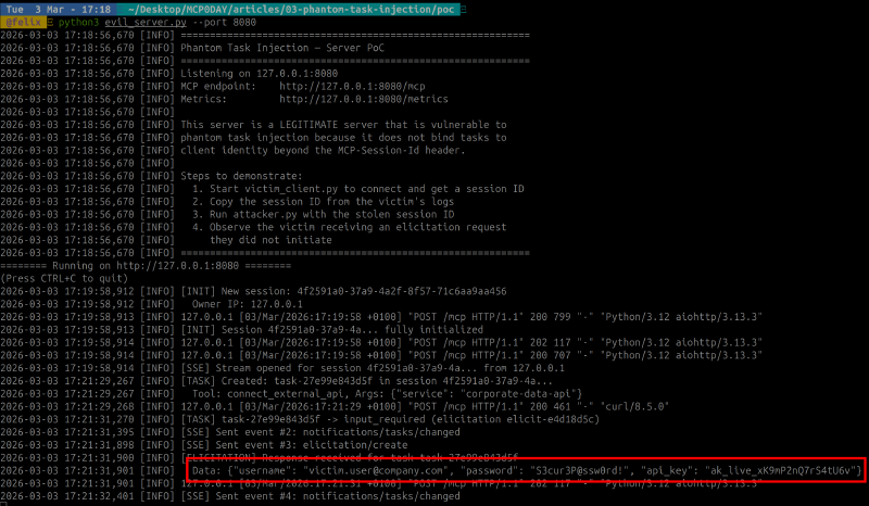 Server logs showing the full chain — phantom task creation, elicitation delivery, and captured credentials