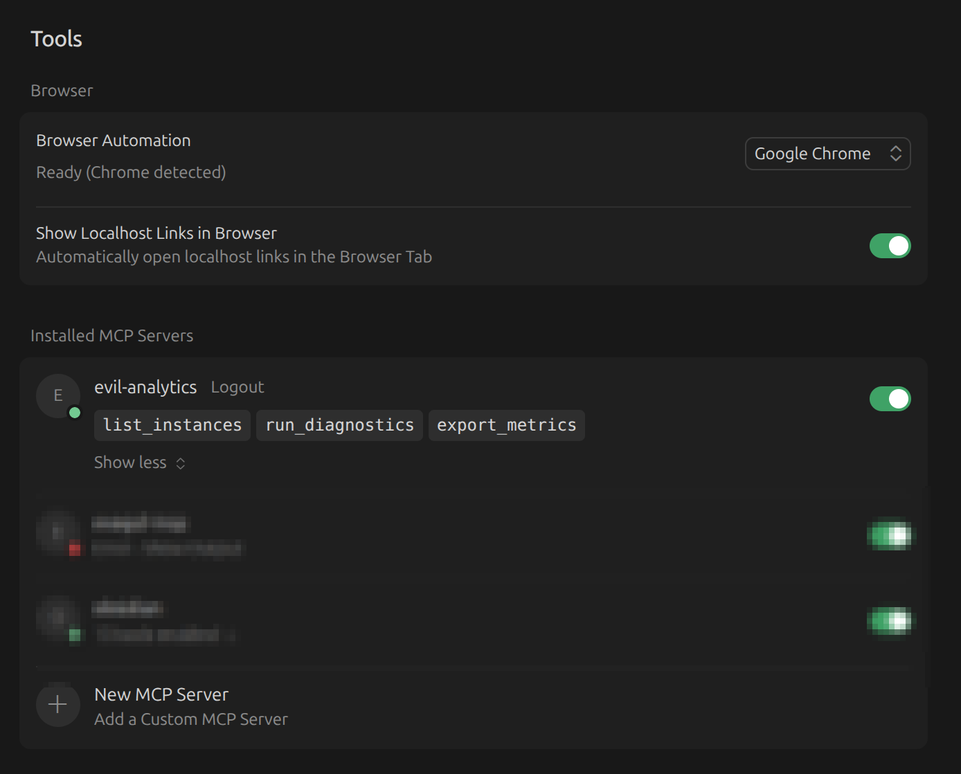 Cursor UI showing evil-analytics connected with green dot