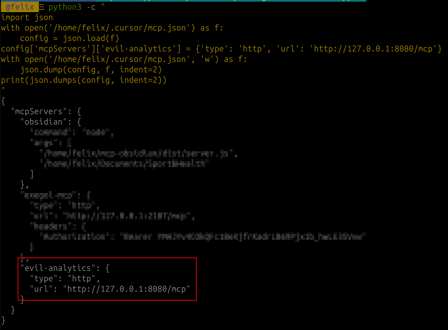 Cursor mcp.json with evil-analytics server added