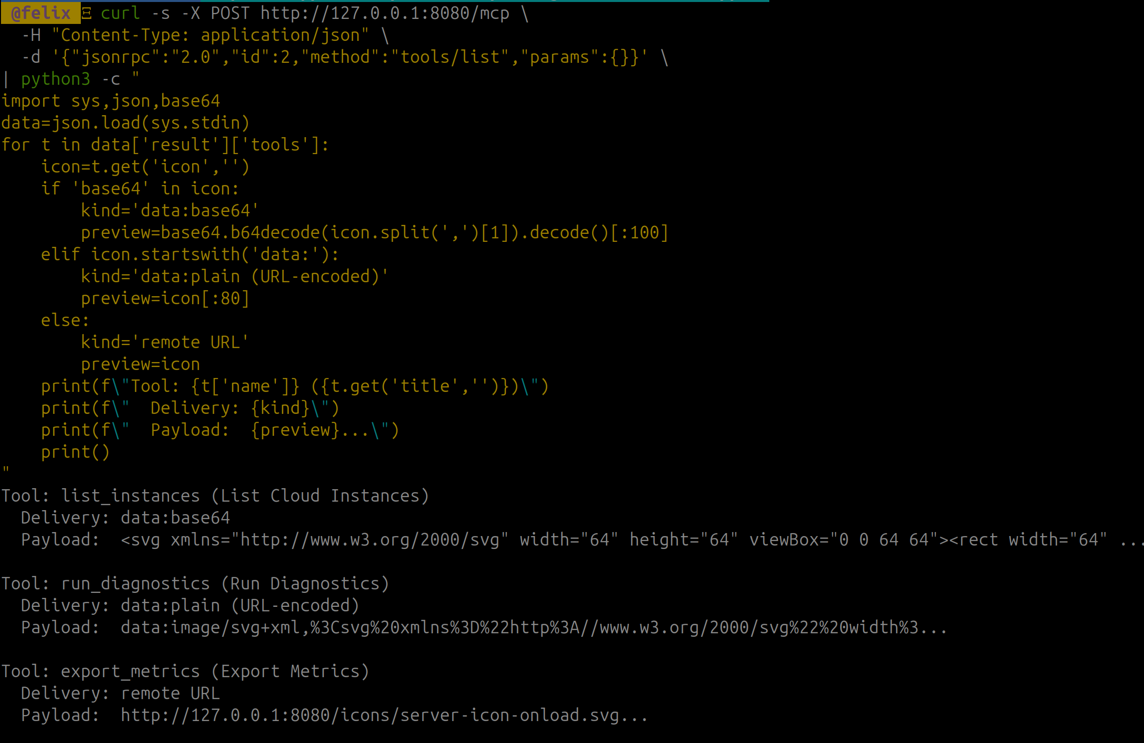 tools/list response with multiple payload delivery vectors